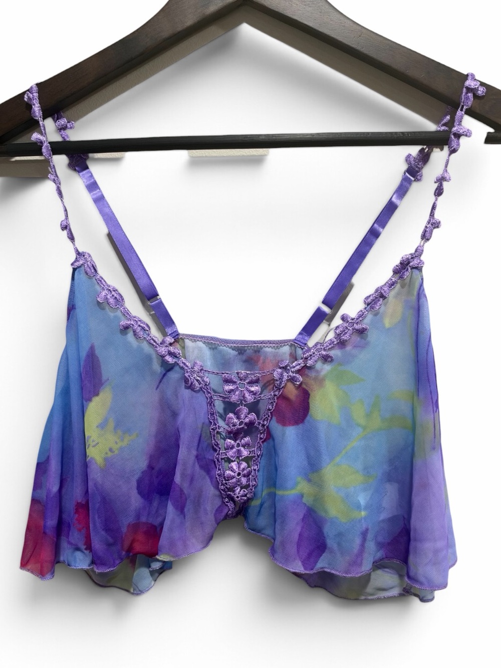 Purple Blue Watercolor Floral Sheer Lace Crop Cami L Fairycore Faris